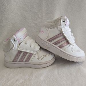 Adidas Kids White and Glitter Pink High-Top Sneakers Toddler Size 5